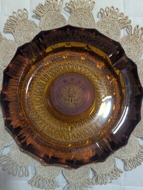 Vintage Fostoria Heavy Amber Glass 1887 Eagle Coin Cigarette Ashtray"